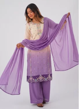 Embroidered Work Georgette Palazzo Suit in Cream and Violet for Festival