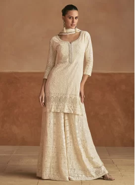 Embroidered Work Georgette Palazzo Suit in Cream for Women