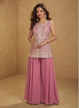 Embroidered Work Georgette Palazzo Suit in Hot Pink for Women