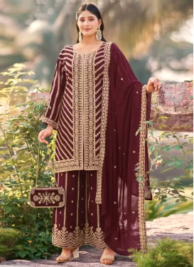 Embroidered Work Georgette Palazzo Suit in Maroon for Ceremonial