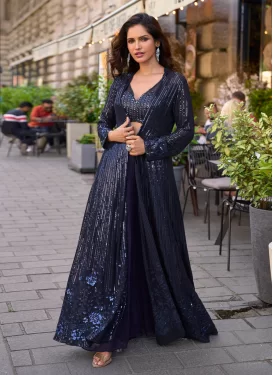 Embroidered Work Georgette Palazzo Suit in Navy Blue for Festival