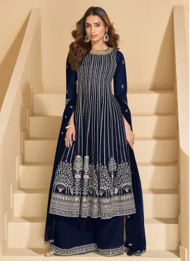 Embroidered Work Georgette Palazzo Suit in Navy Blue for Women