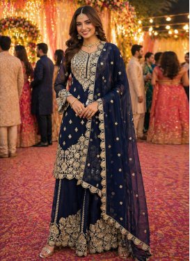 Embroidered Work Georgette Palazzo Suit in Navy Blue for Women