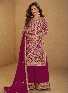 Embroidered Work Georgette Palazzo Suit in Rose Pink for Ceremonial