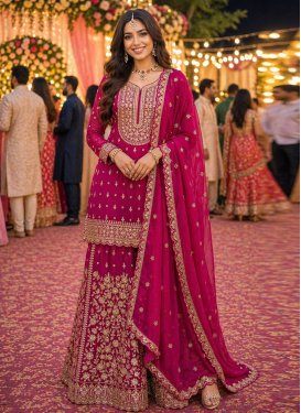 Embroidered Work Georgette Palazzo Suit in Rose Pink for Women