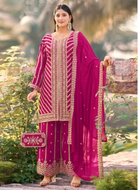 Embroidered Work Georgette Palazzo Suit in Rose Pink for Women