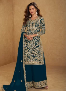 Embroidered Work Georgette Palazzo Suit in Teal for Women