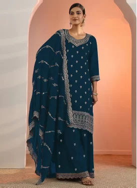 Embroidered Work Georgette Palazzo Suit in Teal for Women