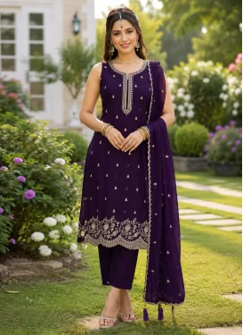 Embroidered Work Georgette Readymade Salwar Suit in Purple for Women