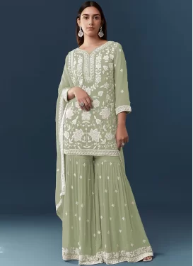 Embroidered Work Georgette Sharara Suit in Mint Green for Women