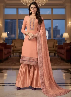 Embroidered Work Georgette Sharara Suit in Peach for Women