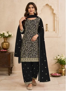 Embroidered Work Georgette Straight Suit in Black for Women