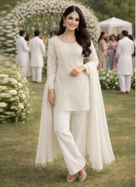 Embroidered Work Georgette Straight Suit in Off White for Women