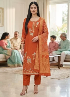 Embroidered Work Georgette Straight Suit in Orange for Women