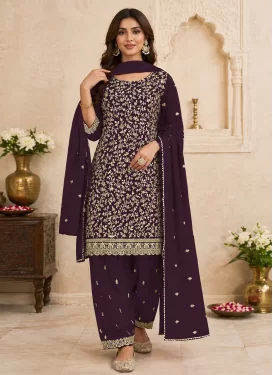 Embroidered Work Georgette Straight Suit in Purple for Women