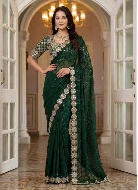 Embroidered Work Georgette Traditional Saree in Green for Festival