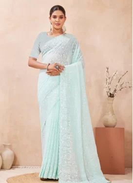 Embroidered Work Georgette Traditional Saree in Turquoise for Women