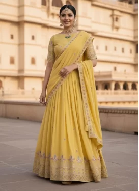 Embroidered Work Georgette Trendy Lehenga Choli in Yellow for Women