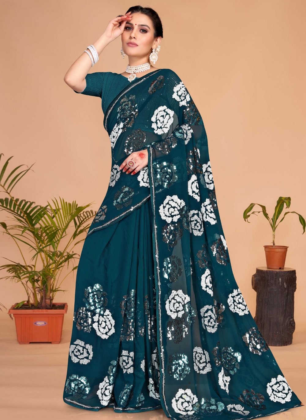 Embroidered Work Georgette Trendy Saree For Party