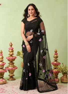 Embroidered Work Georgette Trendy Saree in Black for Women