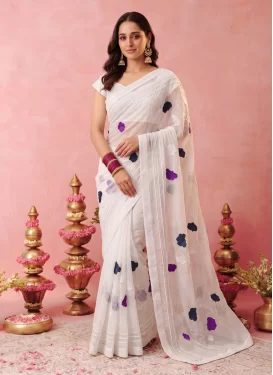 Embroidered Work Georgette Trendy Saree in Off White for Women