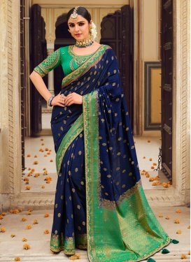 Embroidered Work Green and Navy Blue Designer Contemporary Saree