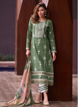 Embroidered Work Green and Off White Pant Style Straight Salwar Kameez