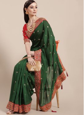 Embroidered Work Green and Red  Designer Contemporary Style Saree