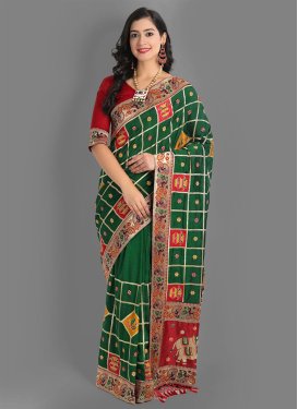 Embroidered Work Green and Red Trendy Classic Saree