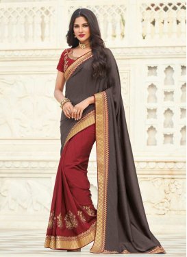 Embroidered Work Grey and Red Half N Half Trendy Saree