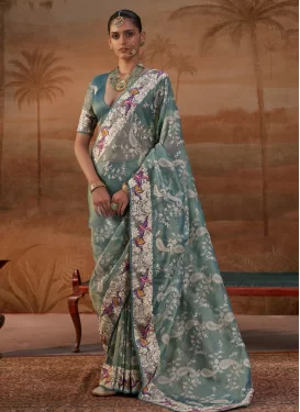 Embroidered Work Handloom Silk Classic Saree in Aqua Blue for Women