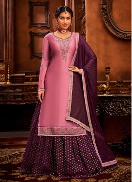Embroidered Work Hot Pink and Purple Satin Designer Kameez Style Lehenga Choli