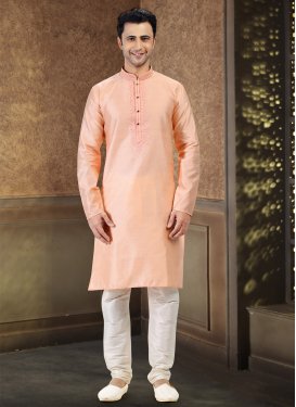 Embroidered Work Jacquard Silk Kurta Pajama in Off White and Peach for Ceremonial