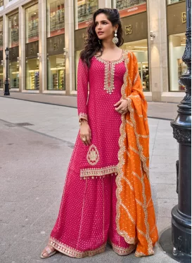 Embroidered Work Jacquard Silk Palazzo Suit in Rose Pink for Women