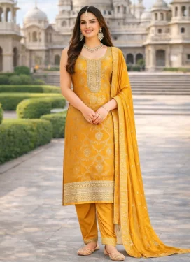 Embroidered Work Jacquard Silk Readymade Salwar Suit in Mustard for Women