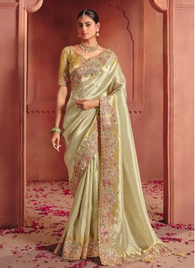 Embroidered Work Jacquard Silk Traditional Saree in Cream for Bridal