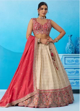 Embroidered Work Jacquard Silk Trendy Lehenga Choli in Cream and Red for Women