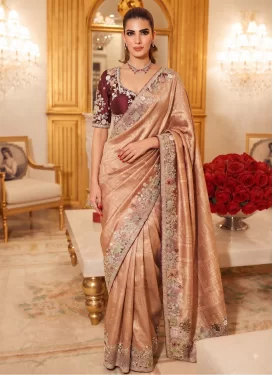 Embroidered Work Kanjivaram Silk Traditional Saree in Peach for Women