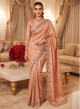 Embroidered Work Kanjivaram Silk Trendy Saree in Peach for Ceremonial