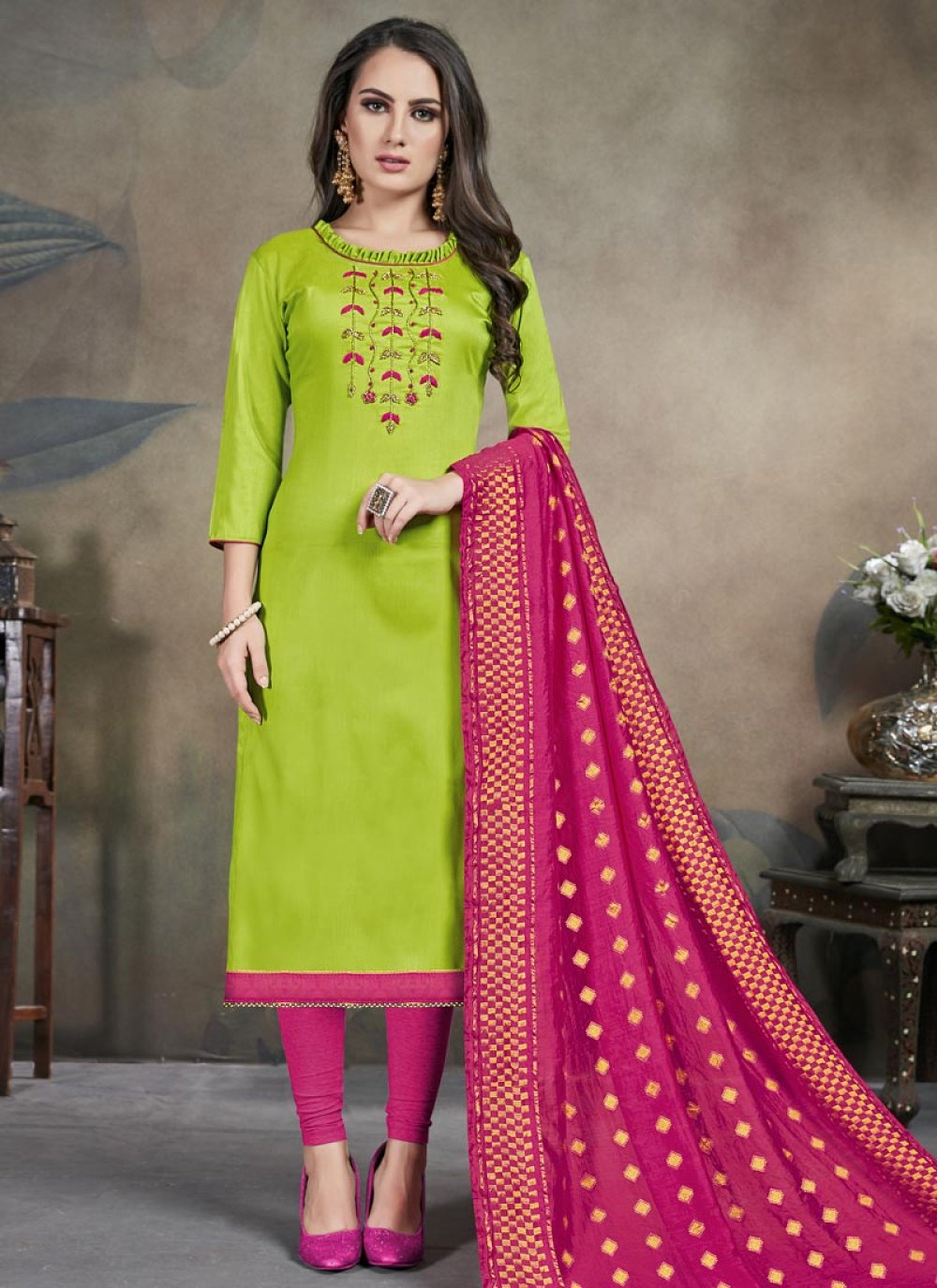 green with pink churidar