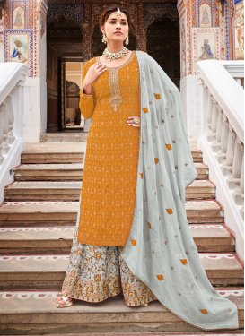 Embroidered Work Mustard and Off White Chinon Palazzo Straight Salwar Kameez