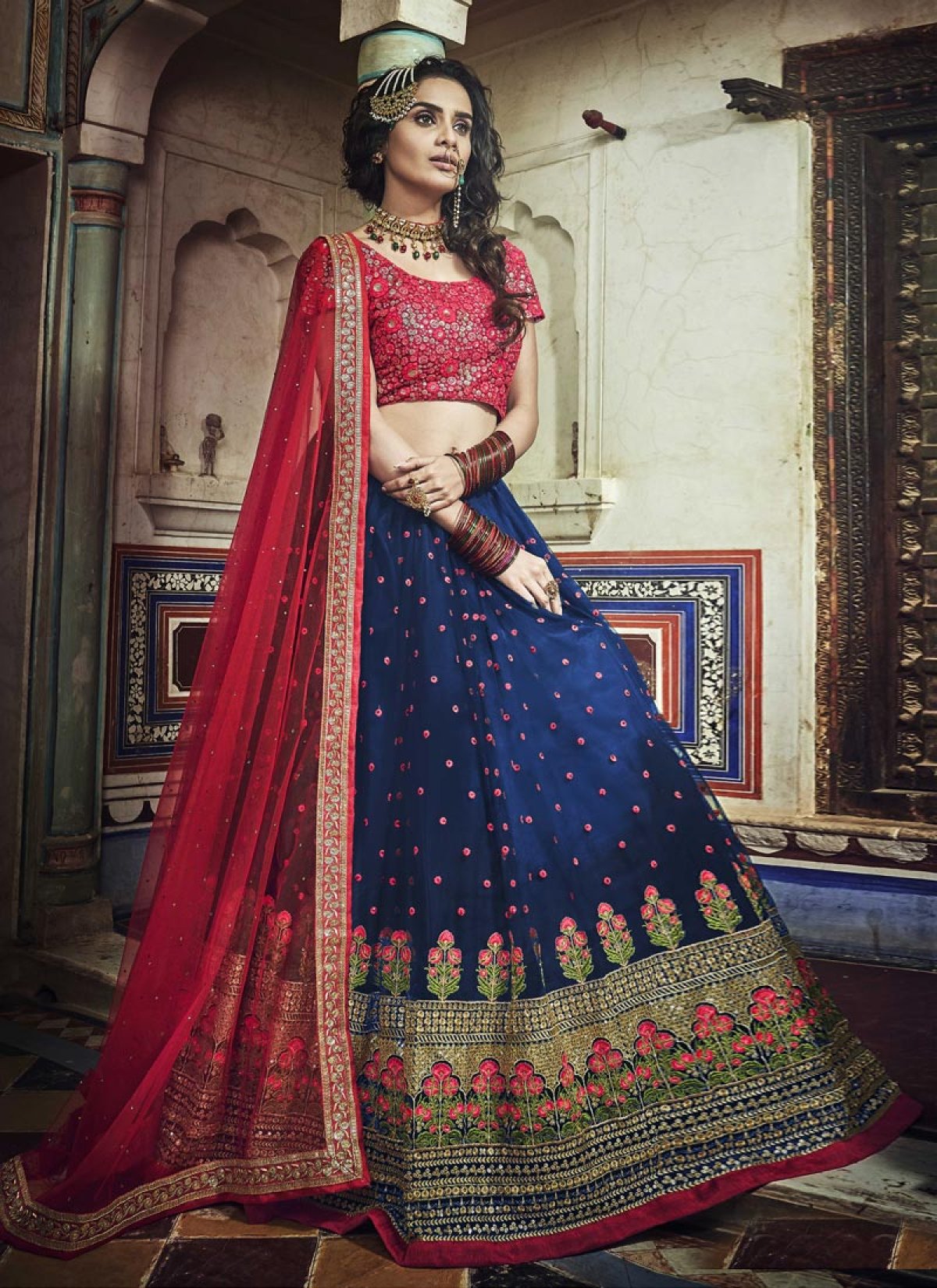 Buy Embroidered Work Navy Blue and Rose Pink Lehenga Choli Online