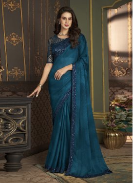 Embroidered Work Navy Blue and Teal Trendy Classic Saree