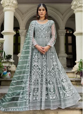Embroidered Work Net Designer Gown in Sea Green for Women