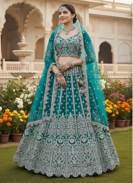Embroidered Work Net Designer Lehenga Choli in Aqua Blue for Women