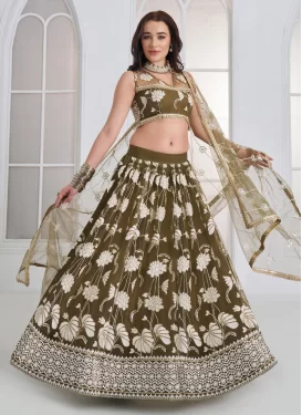 Embroidered Work Net Designer Lehenga Choli in Olive for Festival