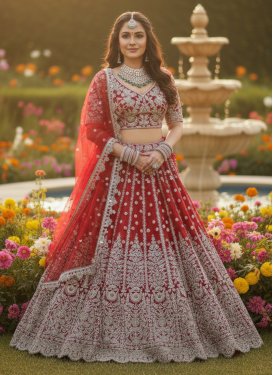 Embroidered Work Net Designer Lehenga Choli in Tomato for Women