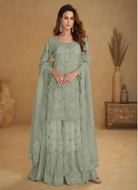 Embroidered Work Net Palazzo Suit in Sea Green for Women