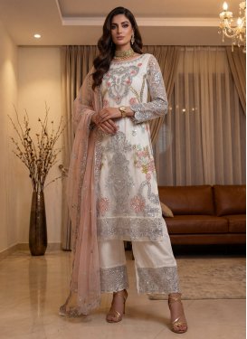 Embroidered Work Net Readymade Salwar Suit in Off White for Women