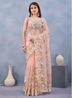 Embroidered Work Net Traditional Saree in Peach for Women
